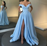 Elegant Off-the-Shoulder Satin Long Split Prom Dresses PD0386B