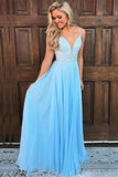 A Line Spaghetti Straps V Neck Light Blue Prom Dresses PD1110