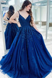 A Line Appliques Blue Long Prom Dresses Evening Dresses PD1109