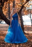 A Line One Shoulder Blue Appliques Tulle Prom Dress PD1136