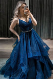 Shiny Ball Gown Navy Blue Tulle Long Prom Dress