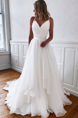 Elagnt A Line V-Neck White Long Wedding Dress Prom Dress