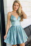 Pretty A Line V-Neck Spaghetti Straps Satin Homecoming Dress