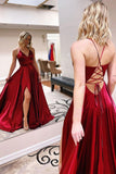 Fashion A Line Spaghetti Straps V-Neck Satin Prom Dress Evening Dress