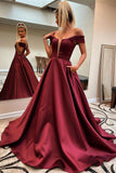 A Line Off-the-shoulder Burgundy Satin Prom Dress