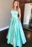 A Line Sleeveless Mint Green Satin Prom Dress With Pockets