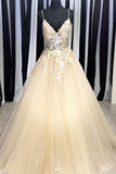 Shiny A Line Spaghetti Straps V-Neck Tulle Appliques Prom Dress