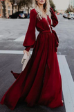 Modest A Line Long Sleeves V-Neck Prom Dresses With High Slit