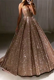 Chic Ball Gown Sleeveless Deep V-Neck Gold Sequins Prom Dress Evening Gowns