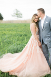 Modest A Line Deep V-Neck Sleeveless Pink Long Prom Dresses