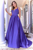 A Line Sleeveless Violet Satin Long Prom Dresses Evening Dresses With Back Bow