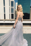 A-line Spaghetti Straps Grey Tulle Prom Dress