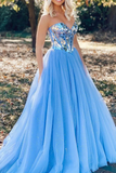 Shiny Sequins Sweetheart Blue Tulle A Line Formal Long Prom Dresses