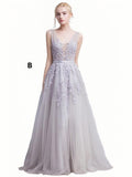 A-Line Grey Tulle Lace Appliques V-Neck Sleeveless Prom Dresses PM385