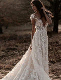 A Line Ivory V-Neck Cap Sleeve Appliques Wedding Dress W1237