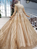 Long Sleeve Ball Gown Beads Lace Appliques Prom Dresses Sequins Quinceanera Dresses P1159