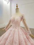 Elegant Ball Gown Pink Long Sleeves Appliques Prom Dress Quinceanera Dress P1526