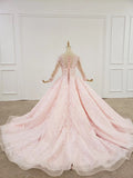 Elegant Ball Gown Pink Long Sleeves Appliques Prom Dress Quinceanera Dress P1526