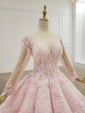 Elegant Ball Gown Pink Long Sleeves Appliques Prom Dress Quinceanera Dress P1526