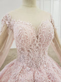 Elegant Ball Gown Pink Long Sleeves Appliques Prom Dress Quinceanera Dress P1526