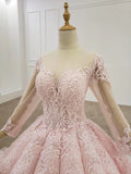 Elegant Ball Gown Pink Long Sleeves Appliques Prom Dress Quinceanera Dress P1526