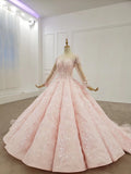 Elegant Ball Gown Pink Long Sleeves Appliques Prom Dress Quinceanera Dress P1526