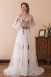 Charming Off the Shoulder Tulle Ivory V Neck Appliques Prom Dresses PD11