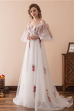 Charming Off the Shoulder Tulle Ivory V Neck Appliques Prom Dresses PD11