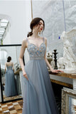 Elegant Spaghetti Straps Appliques Tulle Long Prom Dress PD14