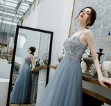 Elegant Spaghetti Straps Appliques Tulle Long Prom Dress PD14