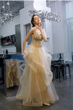 Elegant V-Neck Straps Tulle Beading Ruffles Floor Length Prom Dress PD15