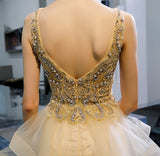 Elegant V-Neck Straps Tulle Beading Ruffles Floor Length Prom Dress PD15