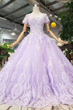 Unique Short Sleeve Lilac Ball Gown Appliques Beading Prom Dresses Quinceanera Dresses P1134