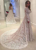 Long Sleeves Full Lace Open Back Sash Large Train Unique Style Vintage Wedding Dress P13