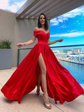 A Line Party Dresses Satin Red Off-the-Shoulder Prom Dresses With Front Split PD0238