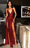 A Line V-Neck Sequins Long Prom Dresses With Slits PD038