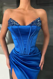 Royal Blue Mermaid Long Prom Dresses Split With Sequins Party Dresses PD0443