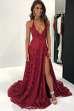 Sexy Lace Deep V Neck Side Slit A Line Long Backless Halter Burgundy Prom Dresses uk PH899