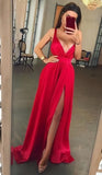 Sexy V-Neck Chiffon Long Red Prom Dresses with Split Slit P1054