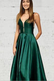 Simple A Line Sleeveless Satin V-Neck Long Prom Dress with Pockets PD12