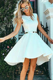 High Low Bateau Sleeveless High Neck White Satin Above Knee Homecoming Dress PM339