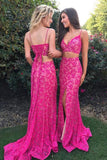 Two Pieces Mermaid Spaghetti Straps V-Neck Fuchsia Lace Split Lace up Prom Dresses uk PH264