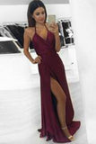 Sexy A Line Halter Burgundy V-Neck Backless Slit Sleeveless Long Prom Dress