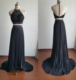 Gorgeous Halter Black Beads Court Train Chiffon Backless Prom Dress