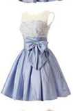 A Line Scoop Short Taffeta Blue Homecoming Dress With Bowknot PM478