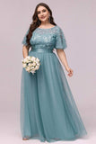 Flutter Sleeve Embroidery Floor Length Tulle Formal Prom Dresses