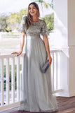 Flutter Sleeve Embroidery Floor Length Tulle Formal Prom Dresses