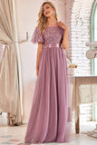 Flutter Sleeve Embroidery Floor Length Tulle Formal Prom Dresses