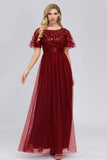 Flutter Sleeve Embroidery Floor Length Tulle Formal Prom Dresses