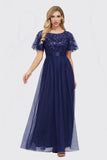 Flutter Sleeve Embroidery Floor Length Tulle Formal Prom Dresses